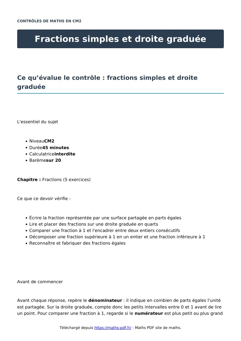 Fractions simples et droite graduée : contrôle de maths en CM2 corrigé en PDF