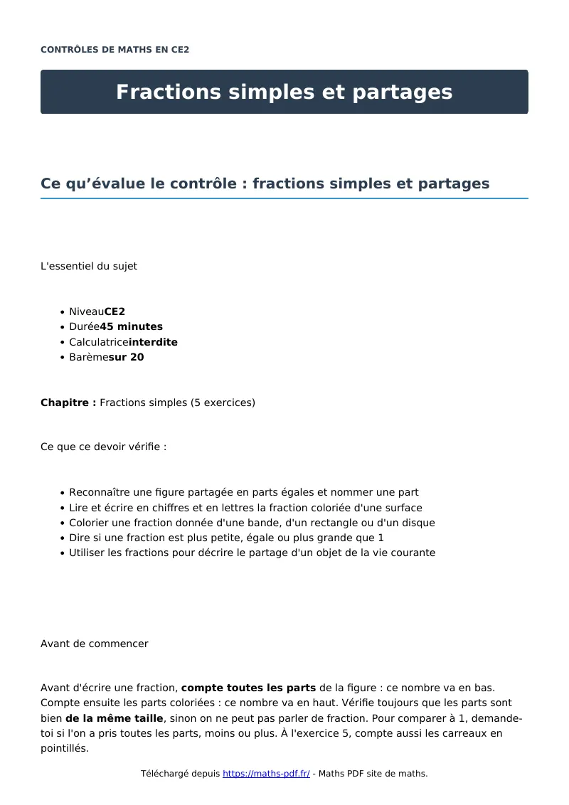 Fractions simples et partages : contrôle de maths en CE2 corrigé en PDF