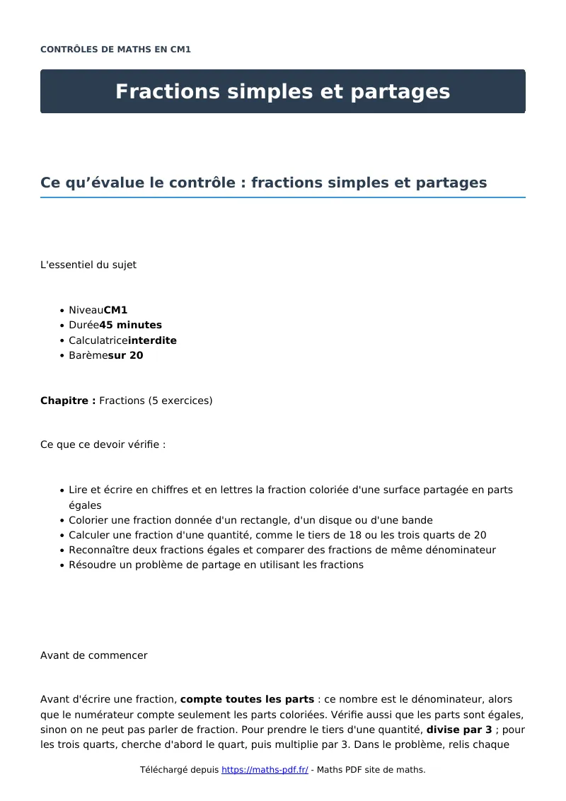 Fractions simples et partages : contrôle de maths en CM1 corrigé en PDF