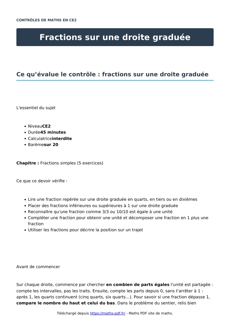 Fractions sur une droite graduée : contrôle de maths en CE2 corrigé en PDF