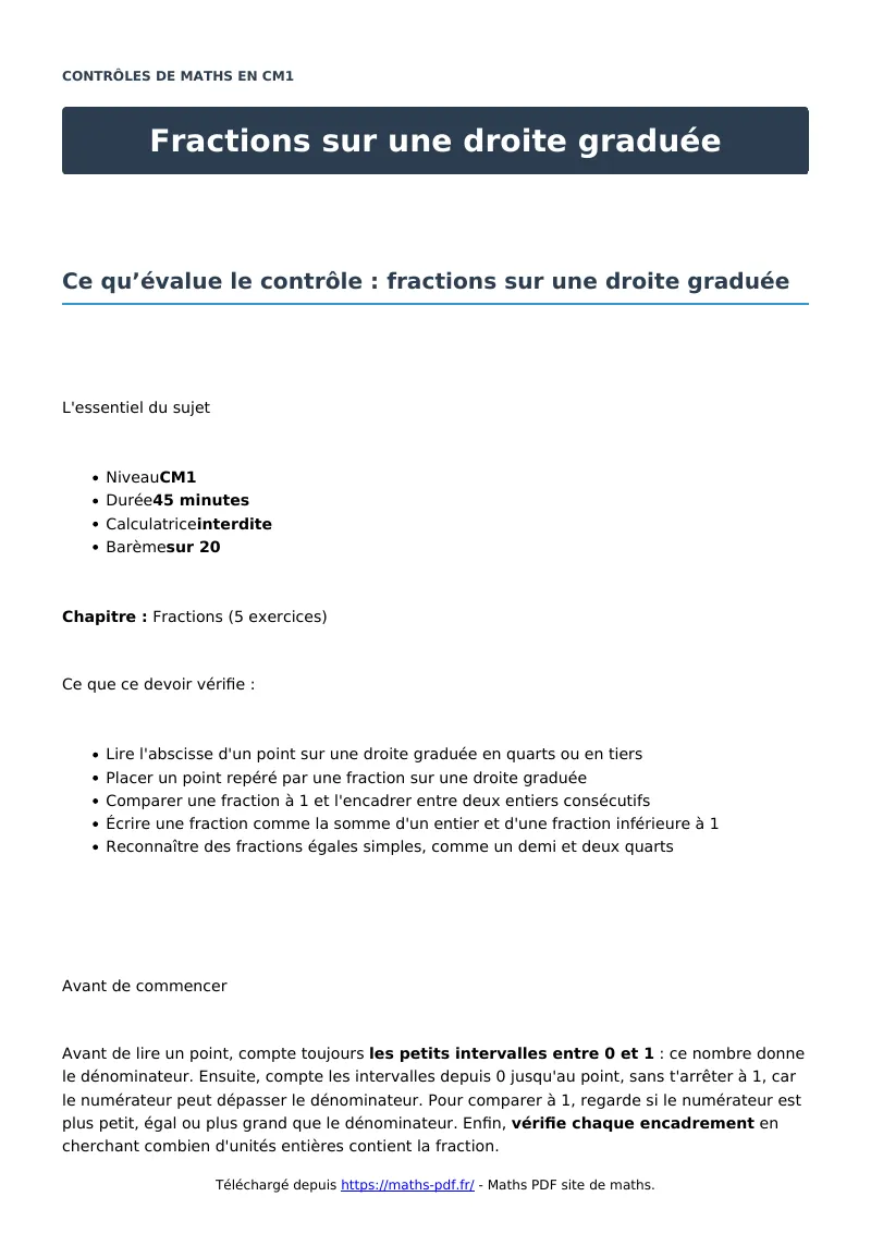 Fractions sur une droite graduée : contrôle de maths en CM1 corrigé en PDF