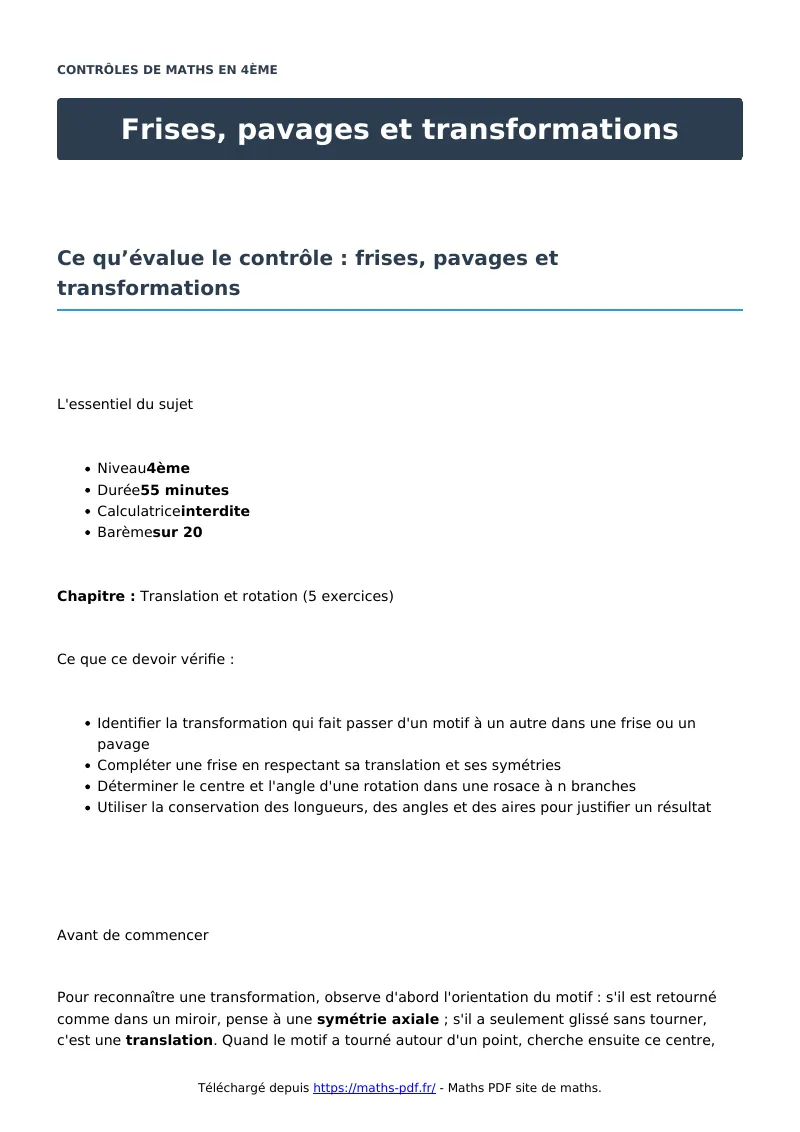 Frises, pavages et transformations : contrôle de maths en 4ème corrigé en PDF