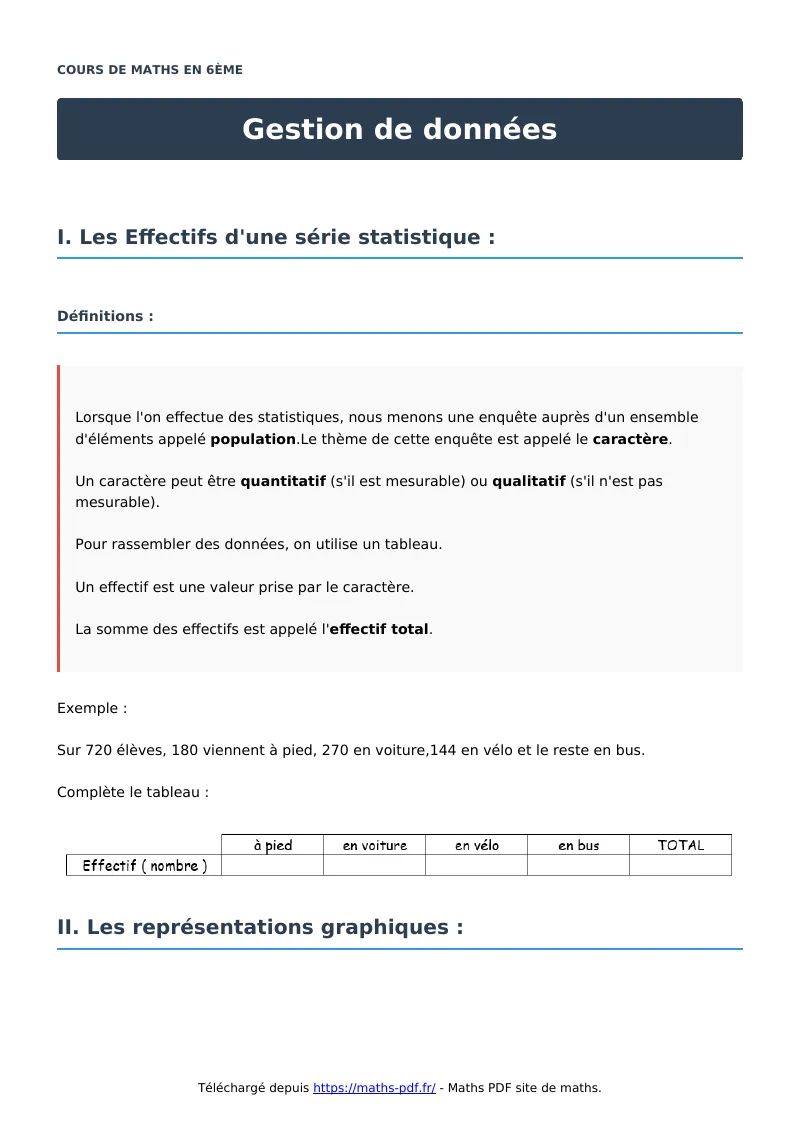 Gestion de données : cours de maths en 6ème en PDF