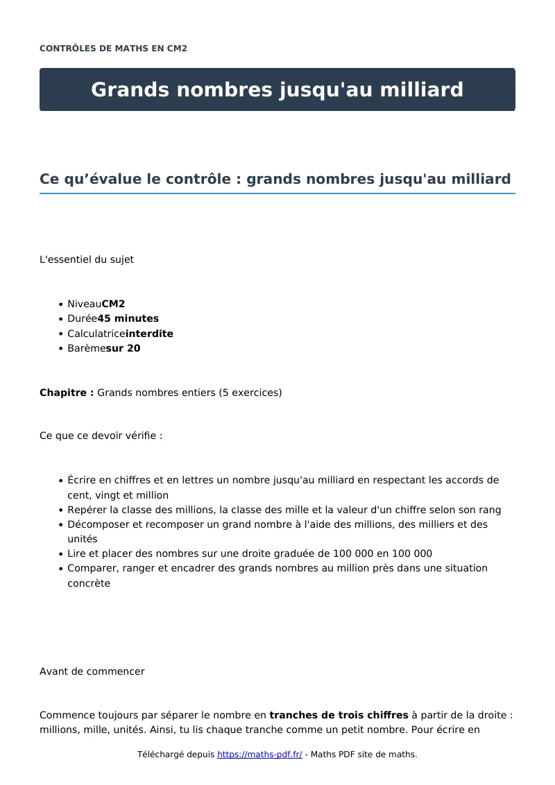 Grands nombres jusqu’au milliard : contrôle de maths en CM2 corrigé en PDF