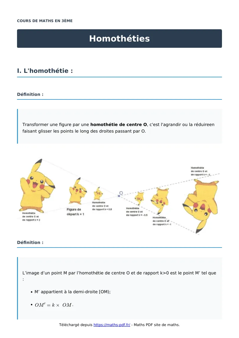 Homothéties : cours de maths en 3ème en PDF