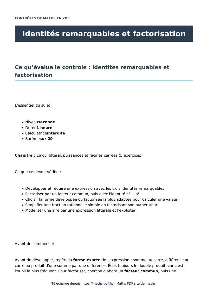 Identités remarquables et factorisation : contrôle de maths en seconde corrigé en PDF