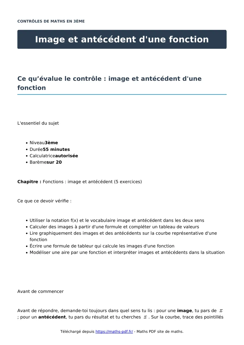 Image et antécédent d’une fonction : contrôle de maths en 3ème corrigé en PDF