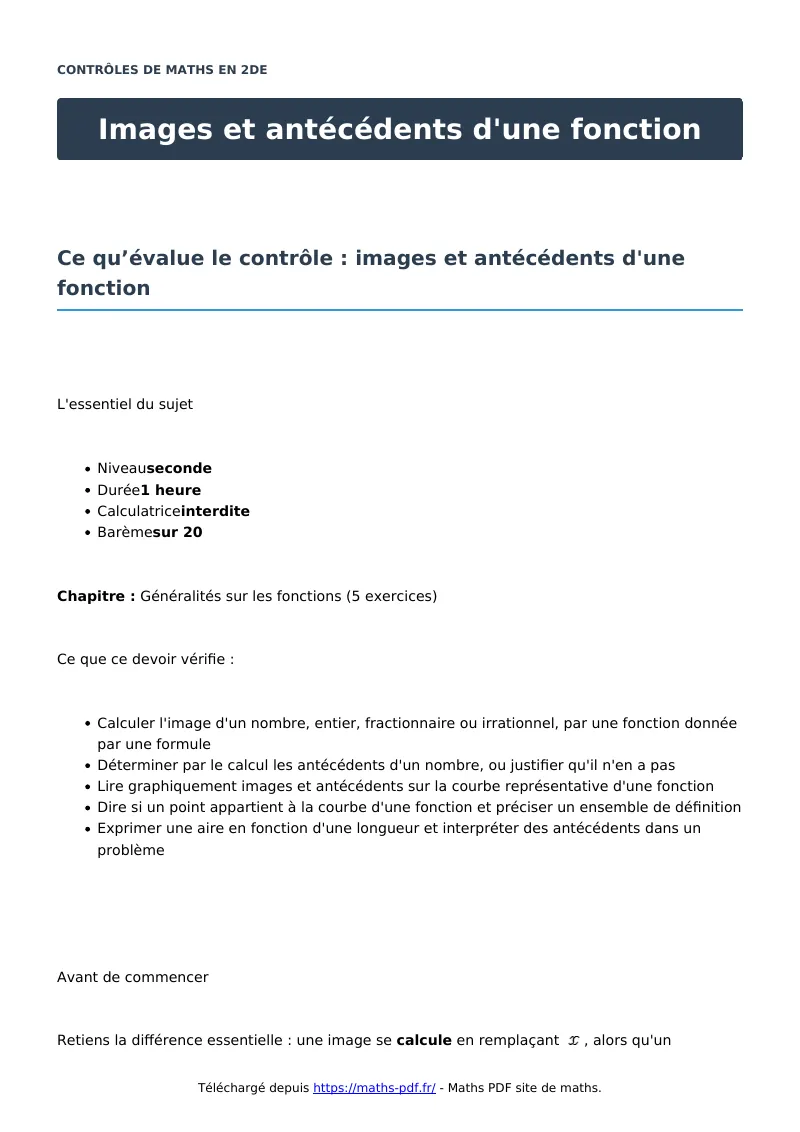 Images et antécédents d’une fonction : contrôle de maths en seconde corrigé en PDF