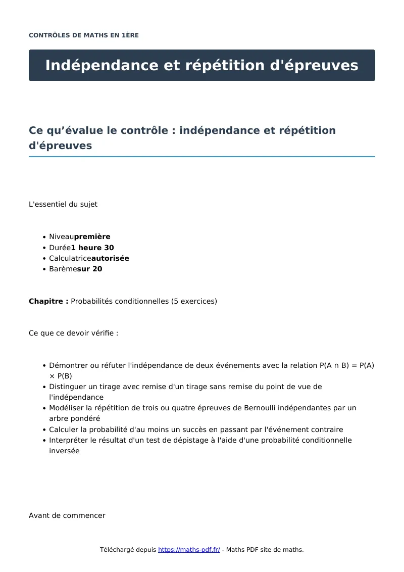 Indépendance et répétition d’épreuves : contrôle de maths en première corrigé en PDF