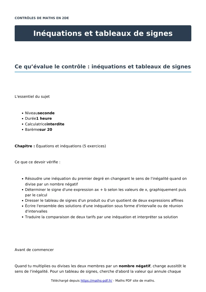 Inéquations et tableaux de signes : contrôle de maths en seconde corrigé en PDF