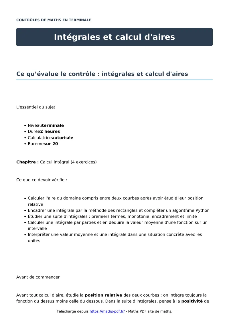 Intégrales et calcul d’aires : contrôle de maths en terminale corrigé en PDF