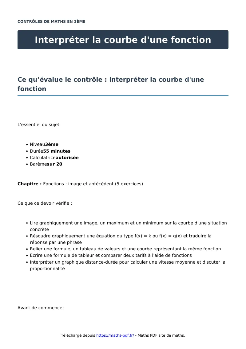 Interpréter la courbe d’une fonction : contrôle de maths en 3ème corrigé en PDF