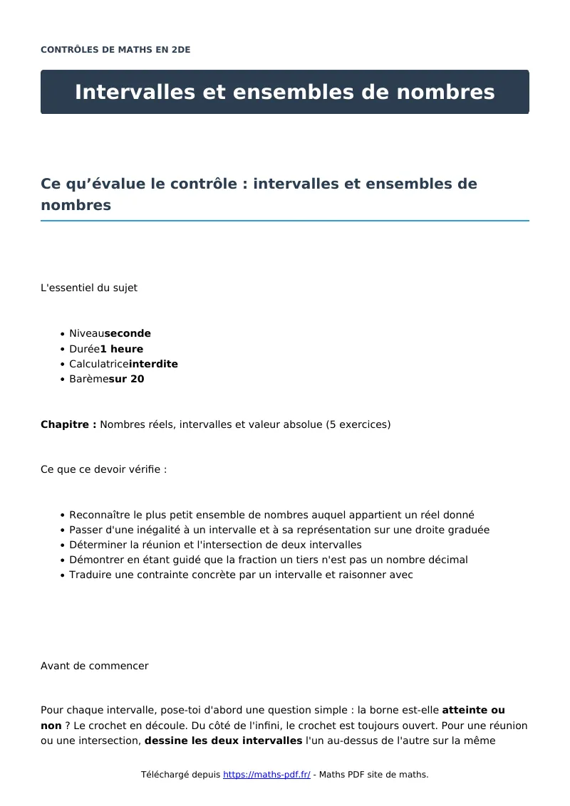 Intervalles et ensembles de nombres : contrôle de maths en seconde corrigé en PDF