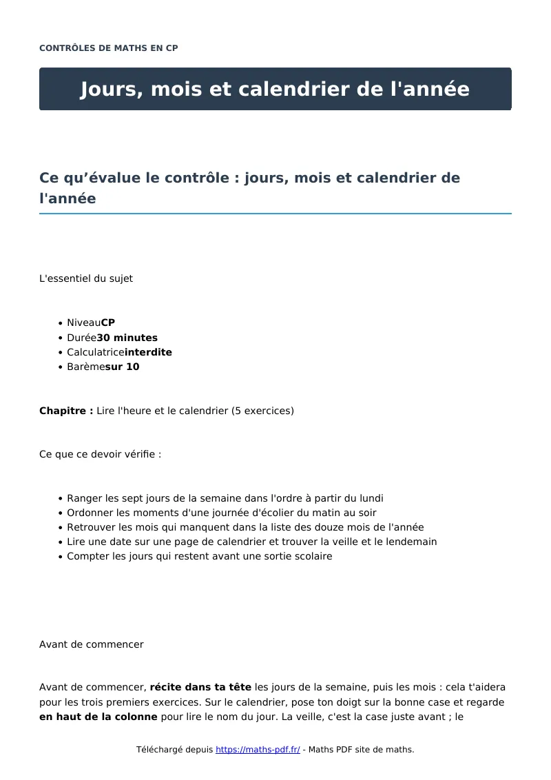 Jours, mois et calendrier de l’année : contrôle de maths en CP corrigé en PDF