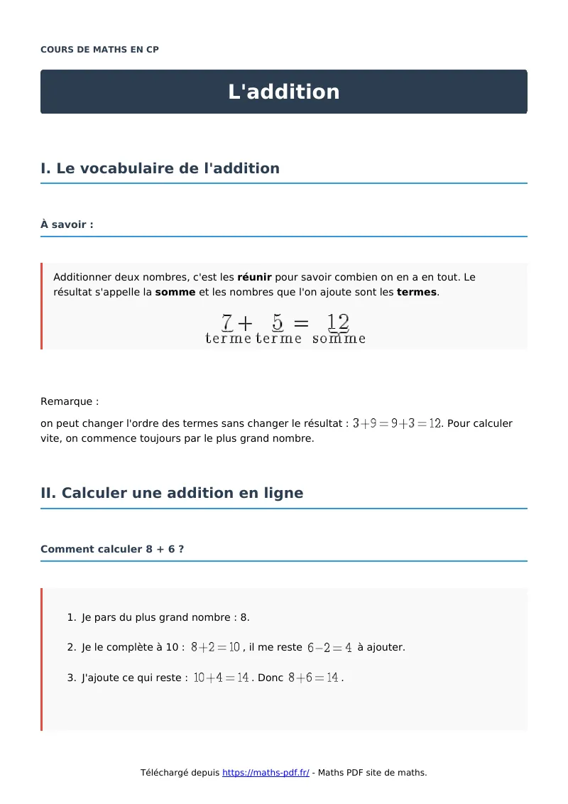 L’addition : cours de maths en CP en PDF
