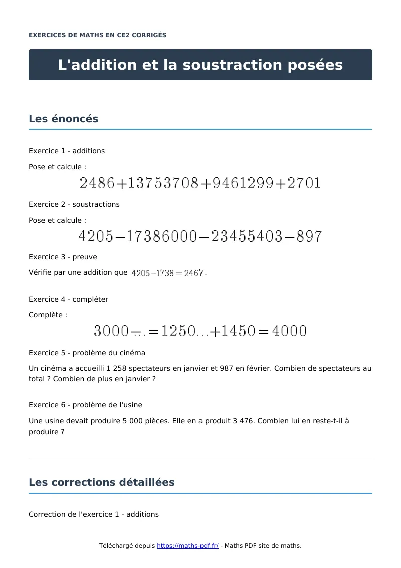 L’addition et la soustraction posées : exercices de maths en CE2 corrigés en PDF