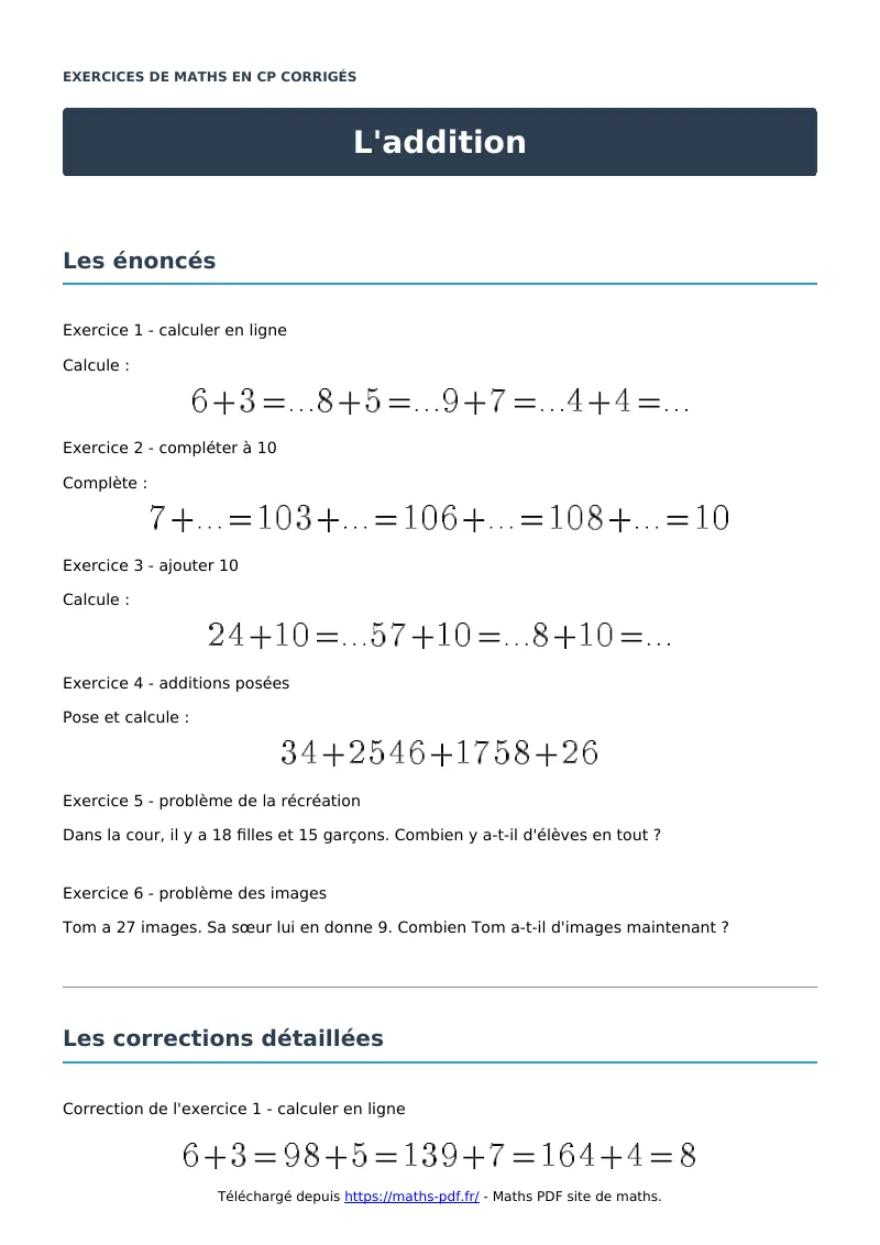 L’addition : exercices de maths en CP corrigés en PDF