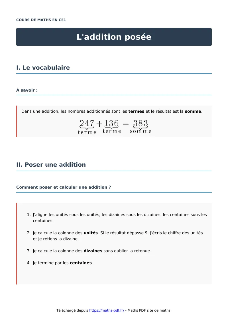 L’addition posée : cours de maths en CE1 en PDF