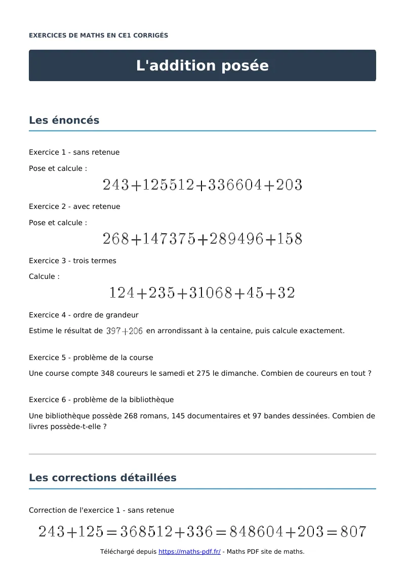 L’addition posée : exercices de maths en CE1 corrigés en PDF