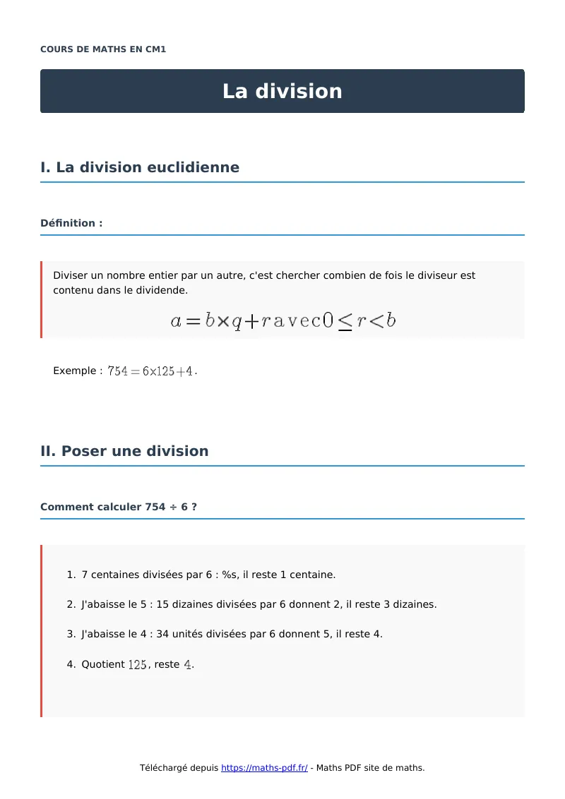 La division : cours de maths en CM1 en PDF