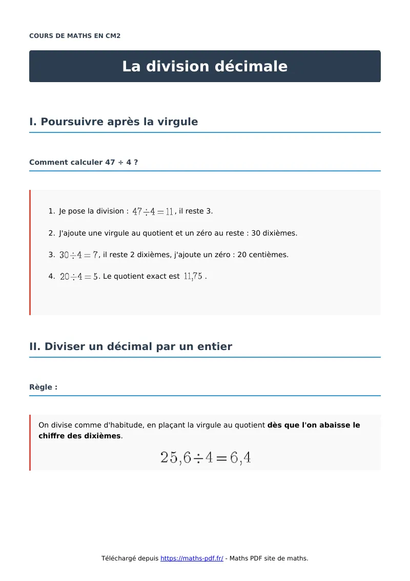 La division décimale : cours de maths en CM2 en PDF