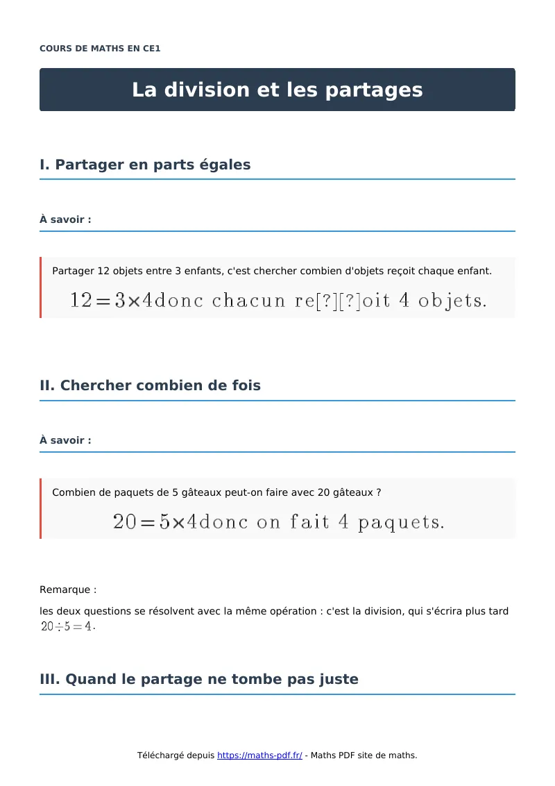 La division et les partages : cours de maths en CE1 en PDF