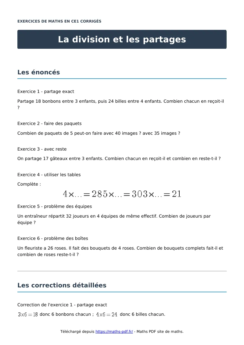 La division et les partages : exercices de maths en CE1 corrigés en PDF