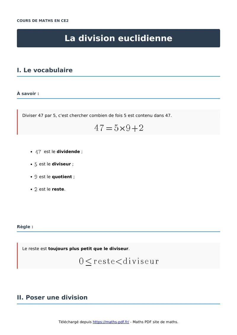 La division euclidienne : cours de maths en CE2 en PDF