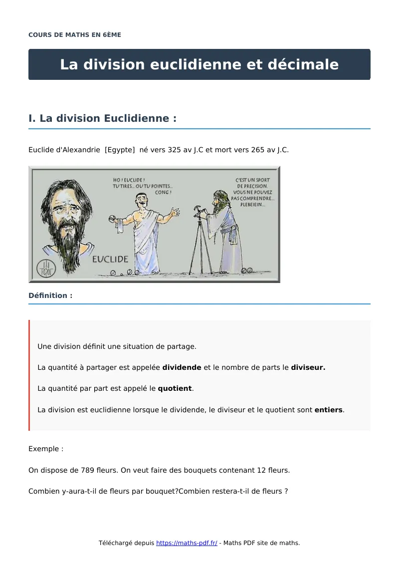 La division euclidienne et décimale : cours de maths en 6ème en PDF