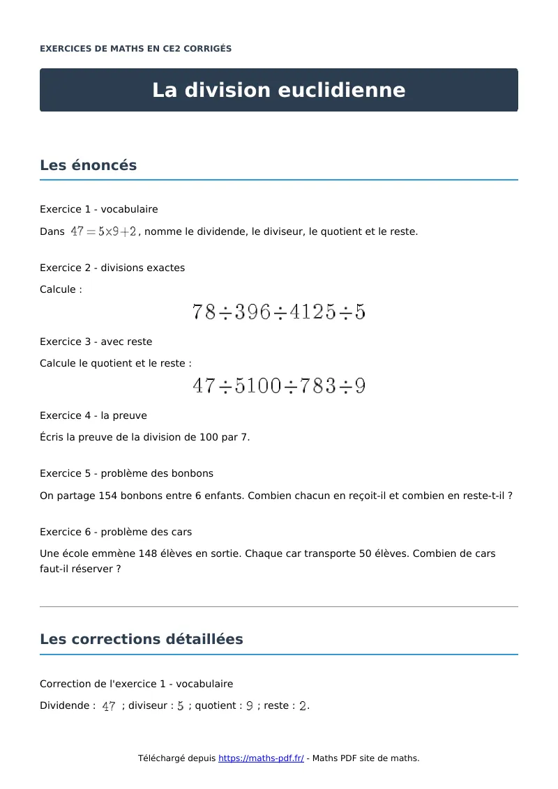 La division euclidienne : exercices de maths en CE2 corrigés en PDF