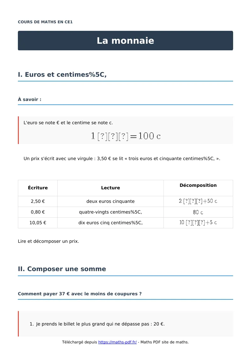 La monnaie : cours de maths en CE1 en PDF