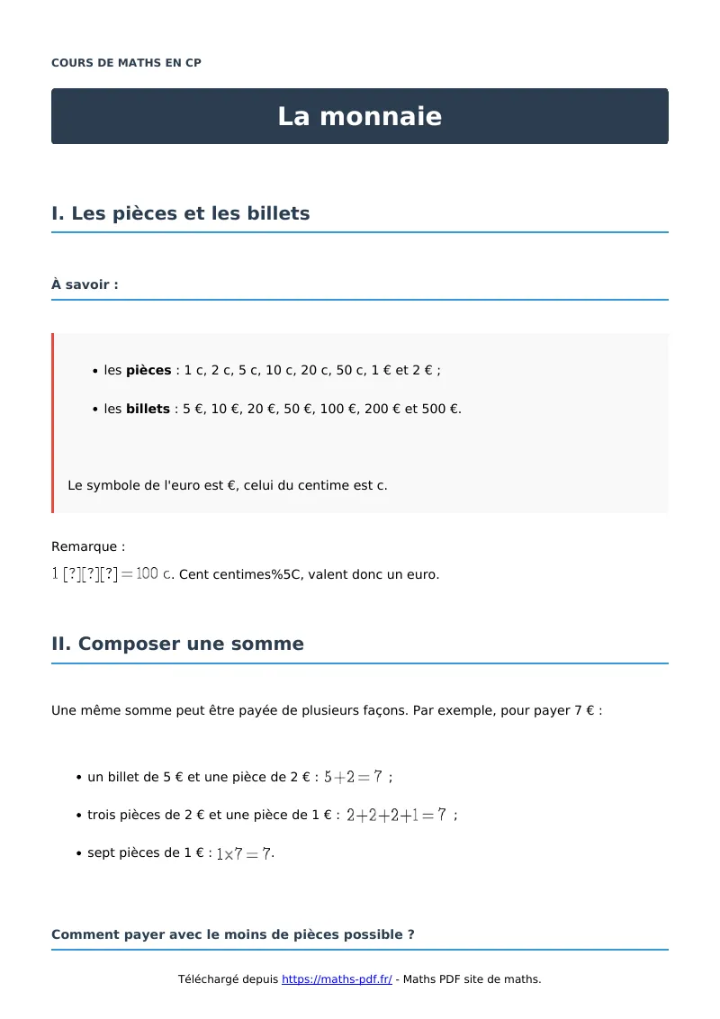 La monnaie : cours de maths en CP en PDF