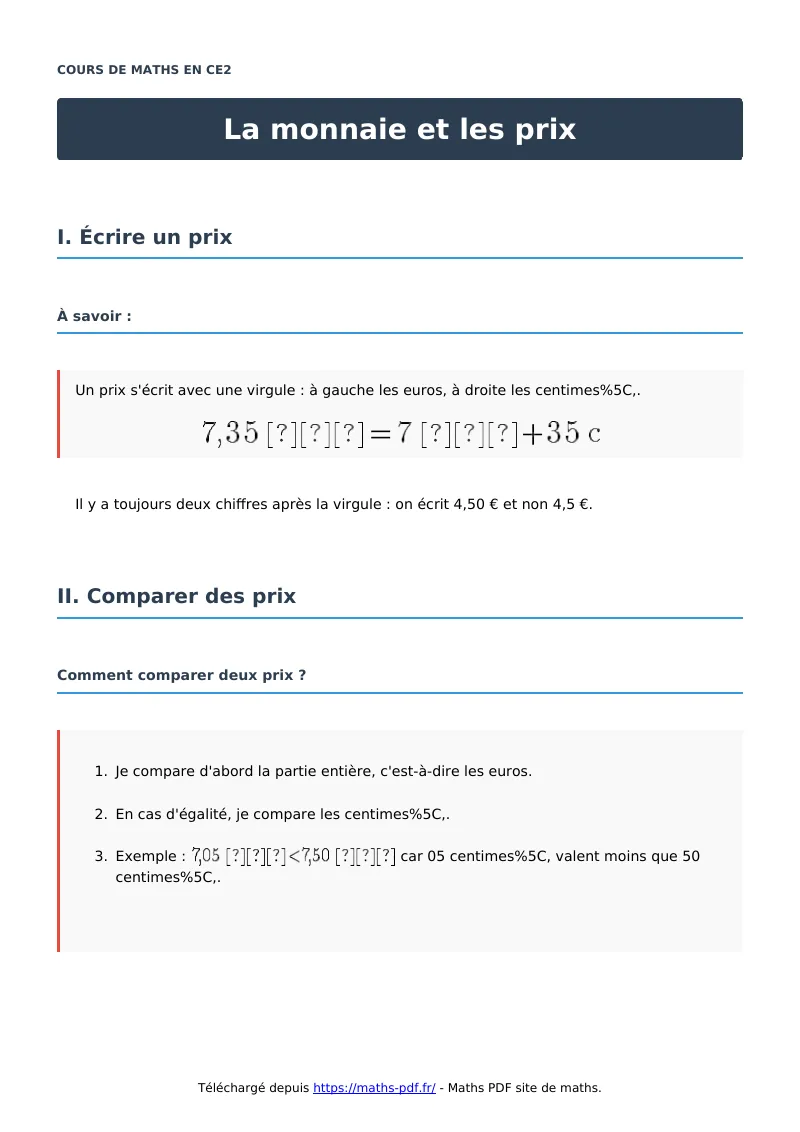 La monnaie et les prix : cours de maths en CE2 en PDF