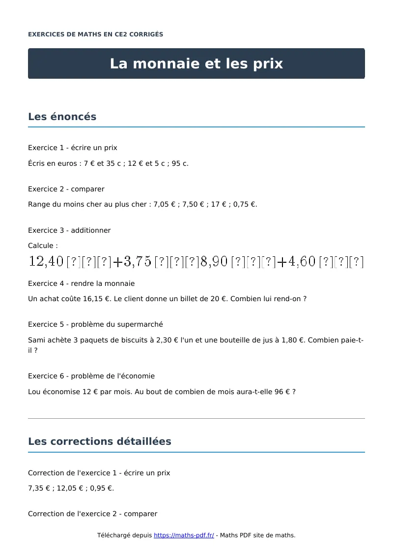 La monnaie et les prix : exercices de maths en CE2 corrigés en PDF