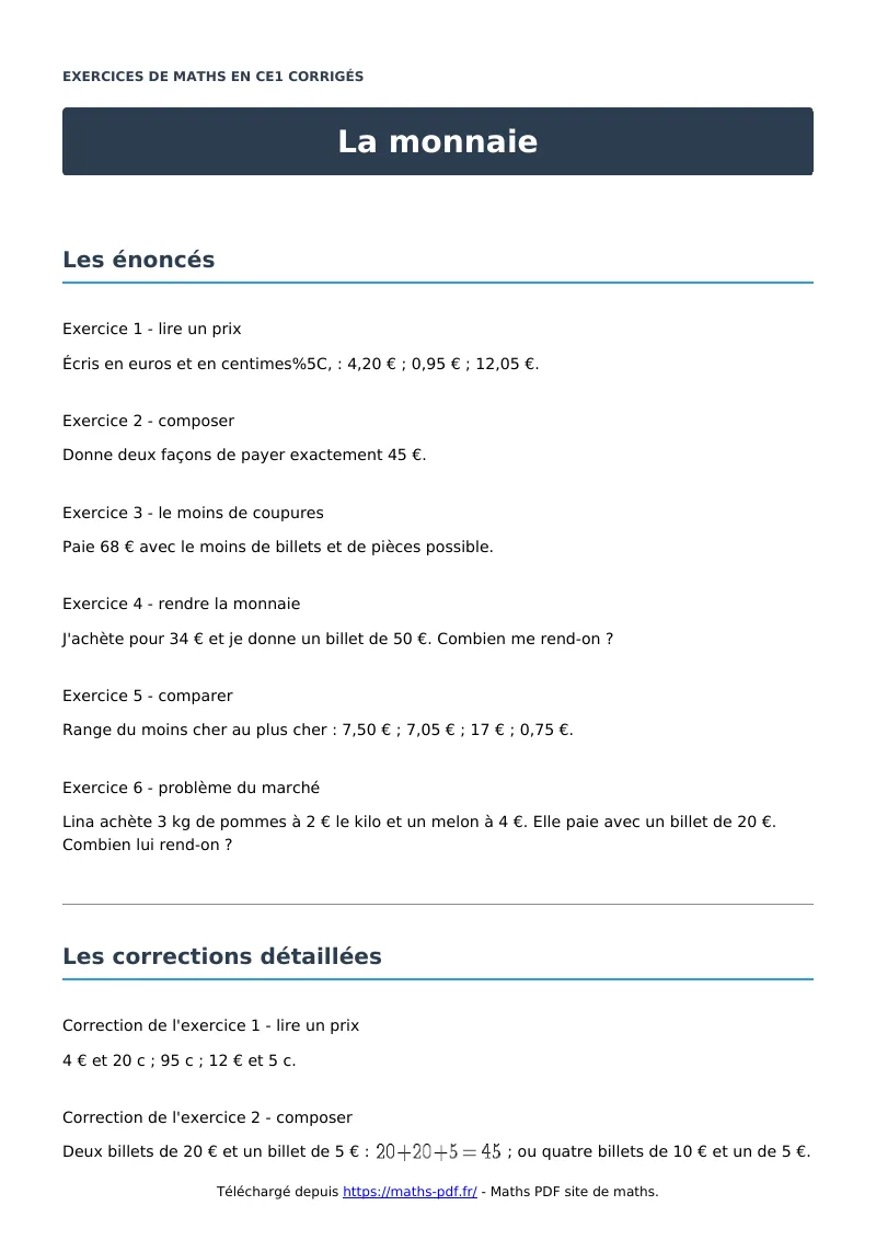 La monnaie : exercices de maths en CE1 corrigés en PDF