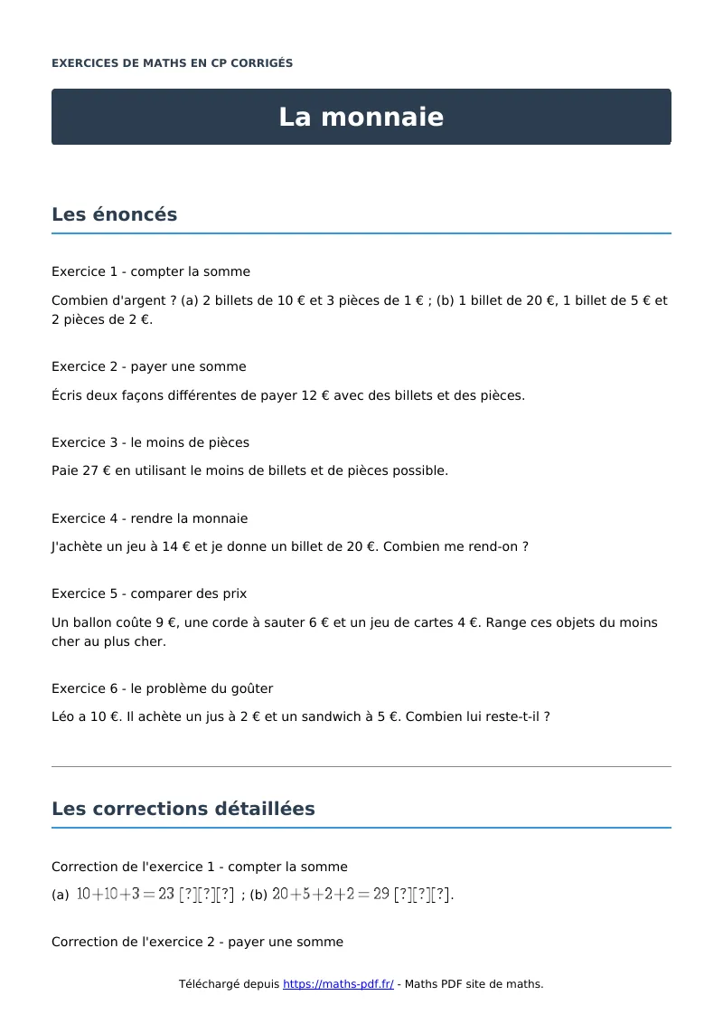 La monnaie : exercices de maths en CP corrigés en PDF