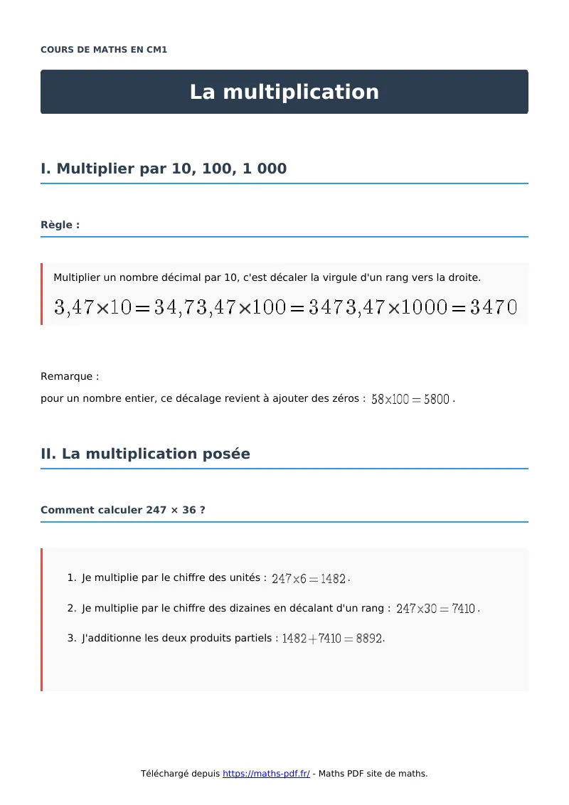 La multiplication : cours de maths en CM1 en PDF