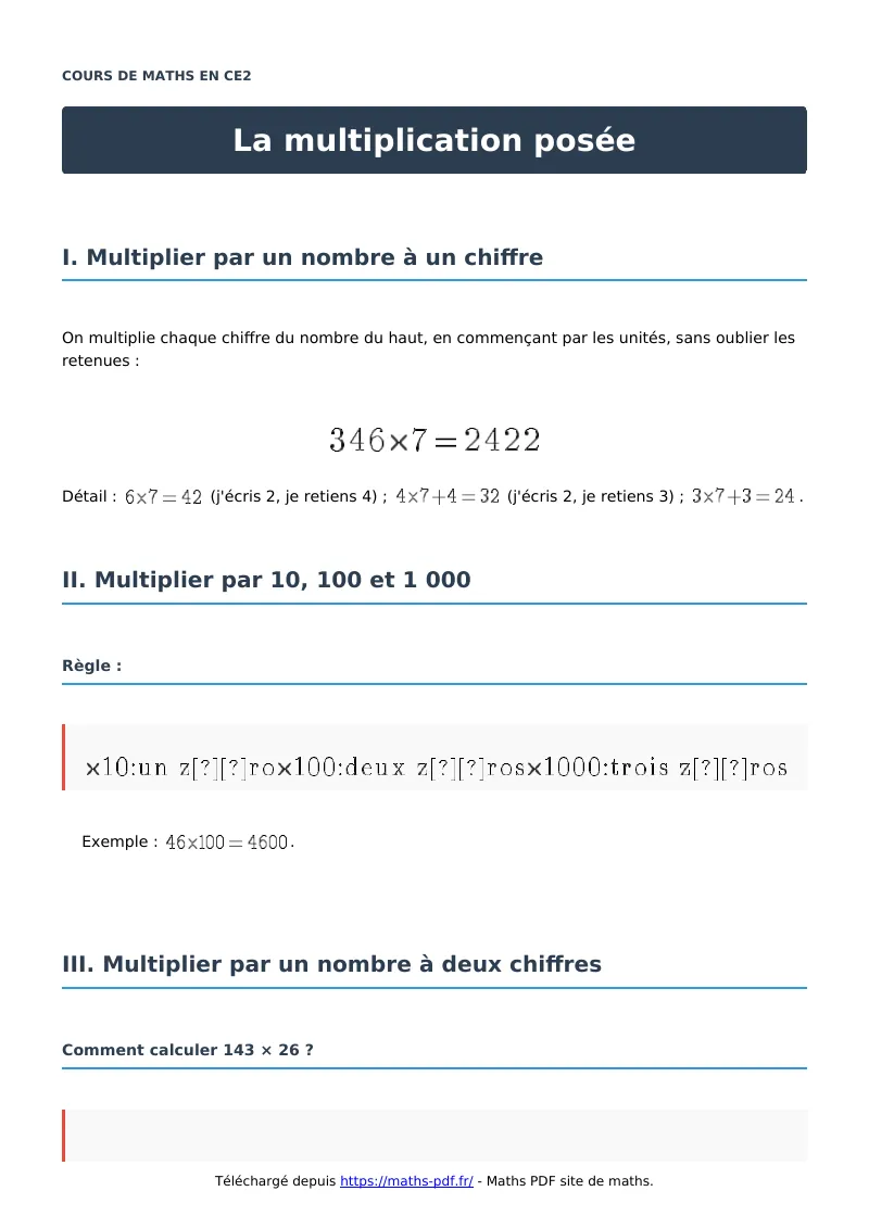 La multiplication posée : cours de maths en CE2 en PDF