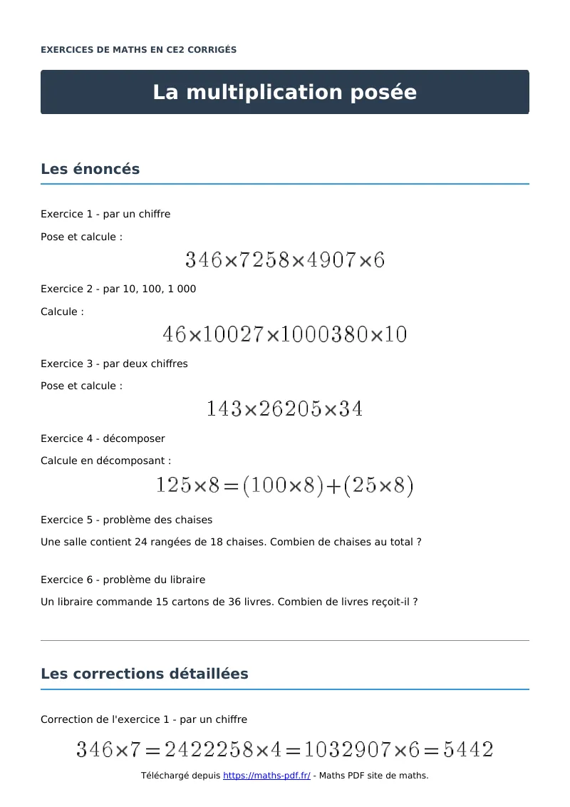 La multiplication posée : exercices de maths en CE2 corrigés en PDF