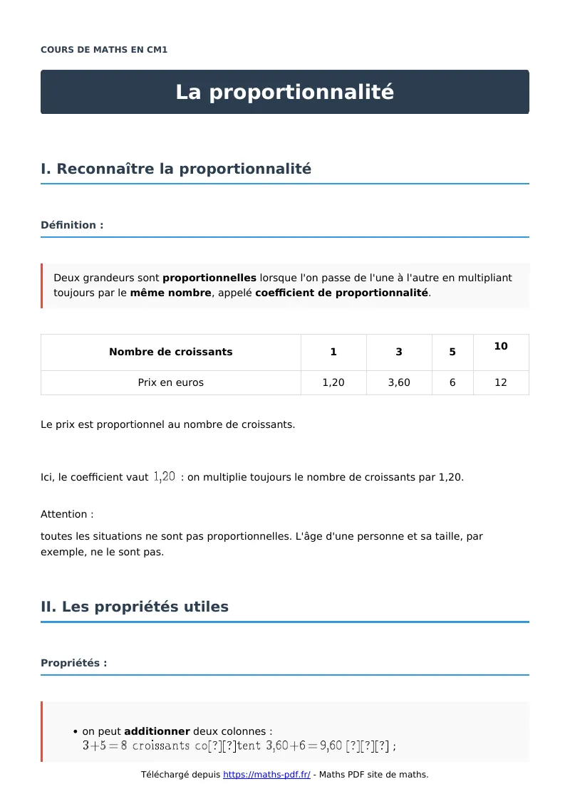 La proportionnalité : cours de maths en CM1 en PDF