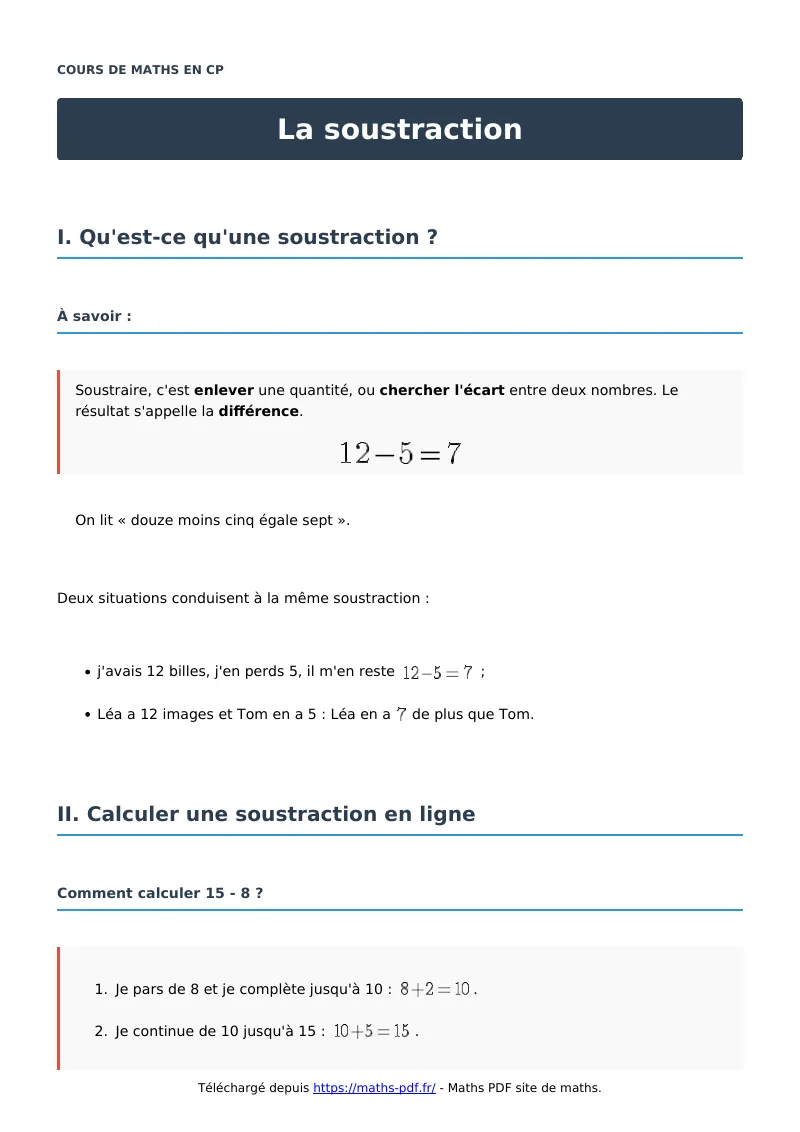 La soustraction : cours de maths en CP en PDF