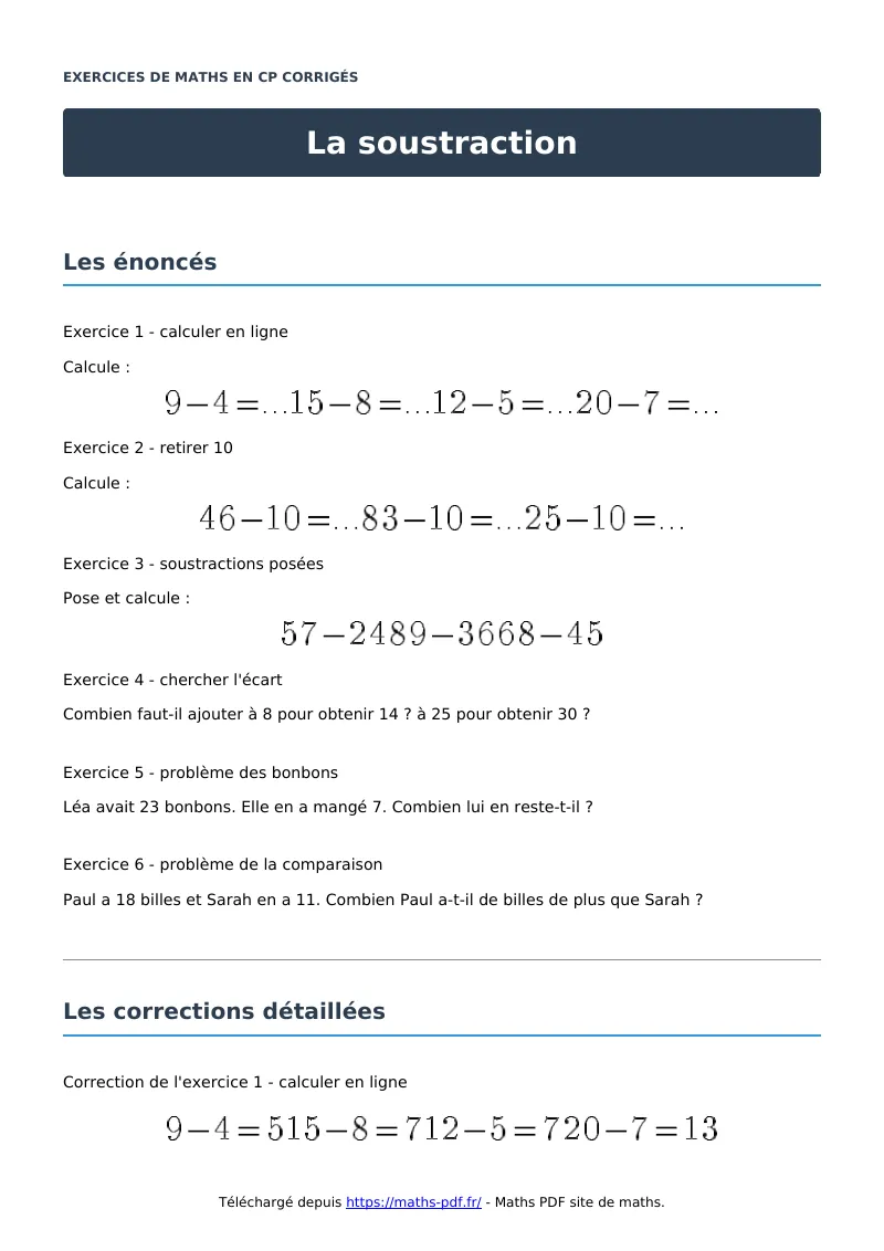 La soustraction : exercices de maths en CP corrigés en PDF