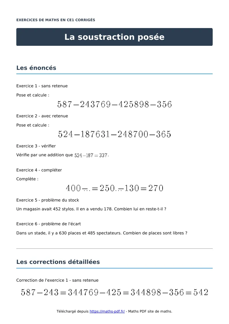 La soustraction posée : exercices de maths en CE1 corrigés en PDF