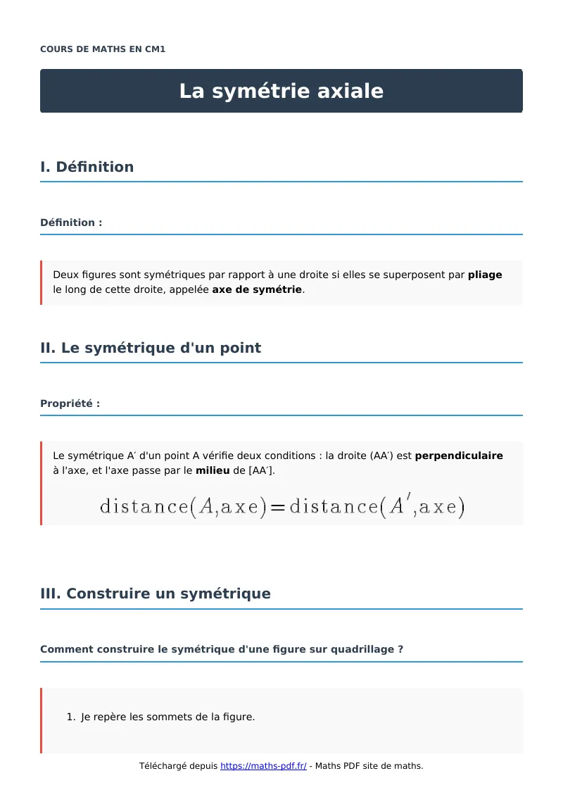 La symétrie axiale : cours de maths en CM1 en PDF