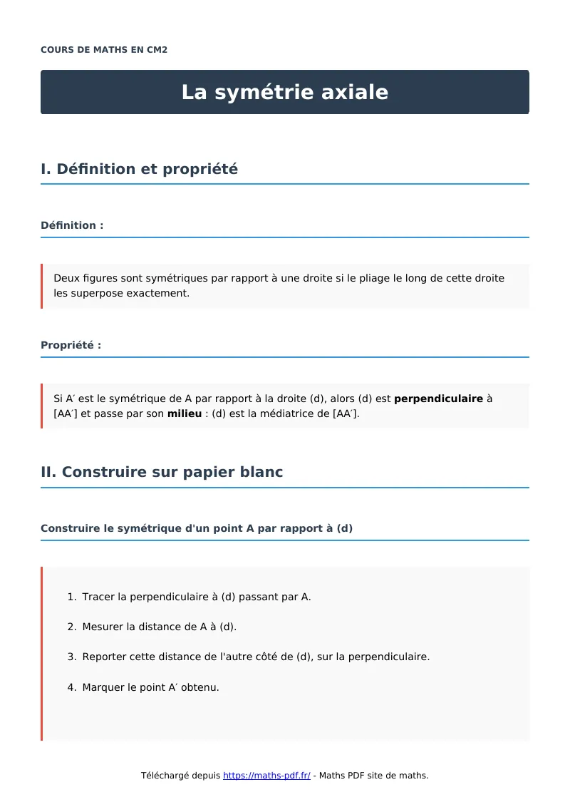 La symétrie axiale : cours de maths en CM2 en PDF