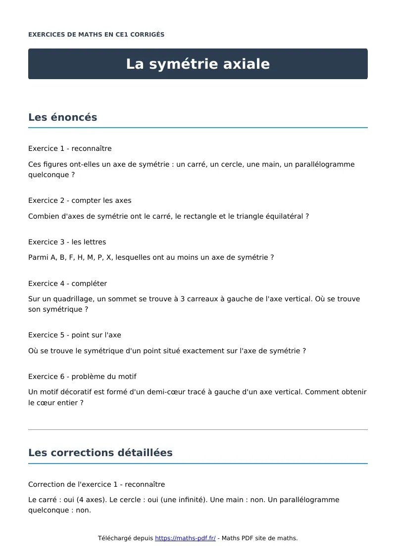 La symétrie axiale : exercices de maths en CE1 corrigés en PDF