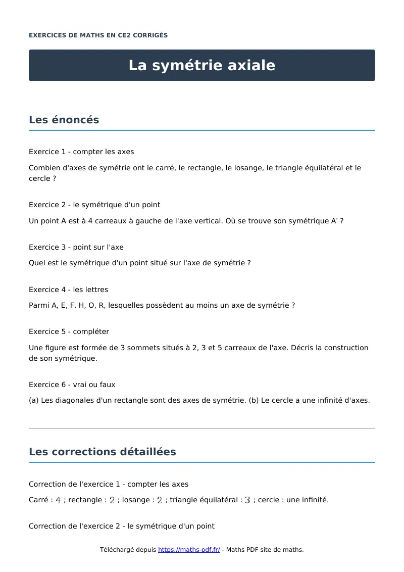La symétrie axiale : exercices de maths en CE2 corrigés en PDF