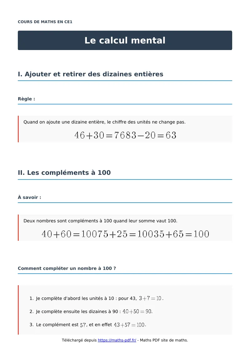 Le calcul mental : cours de maths en CE1 en PDF