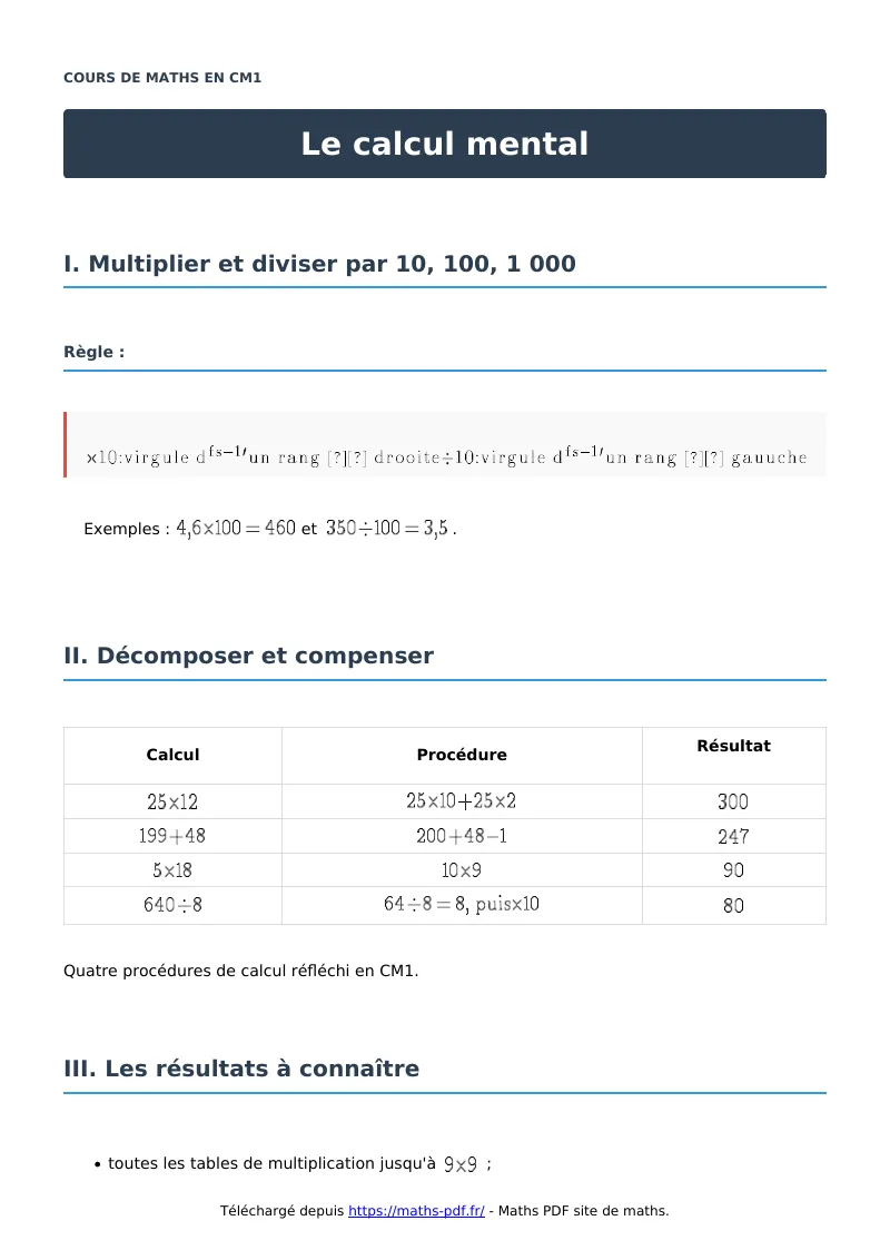 Le calcul mental : cours de maths en CM1 en PDF