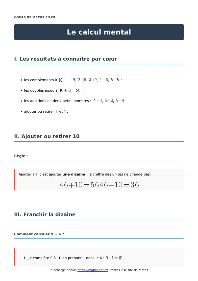 Le calcul mental : cours de maths en CP en PDF